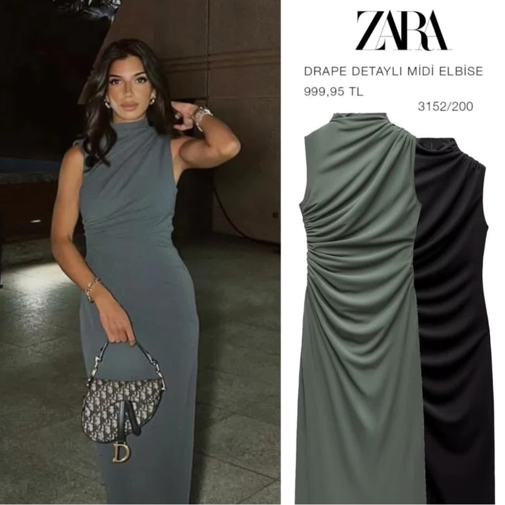 ZARA Draped Midi Dress in Sage Green